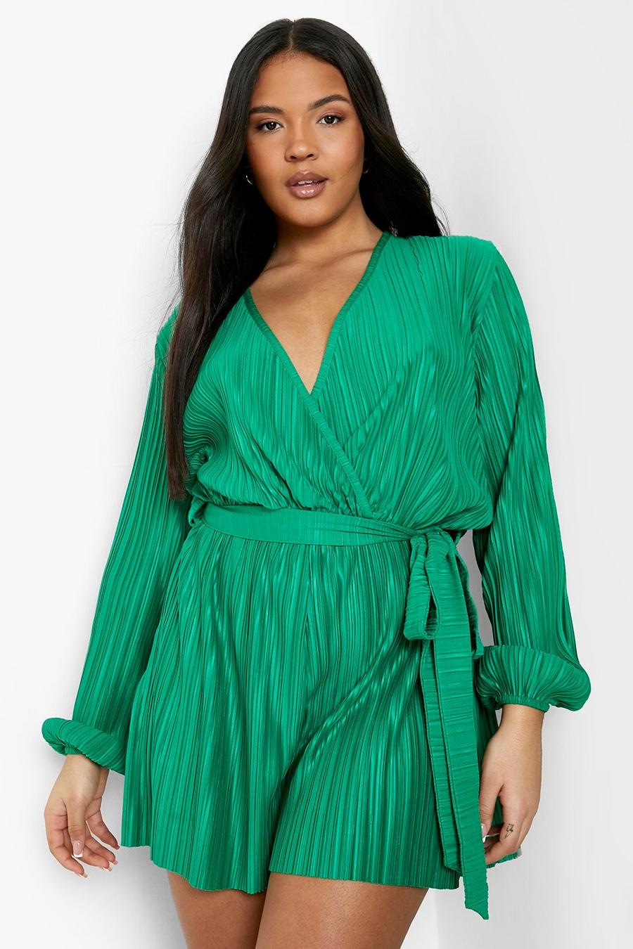 Green Plus Plisse Wrap Belted Playsuit