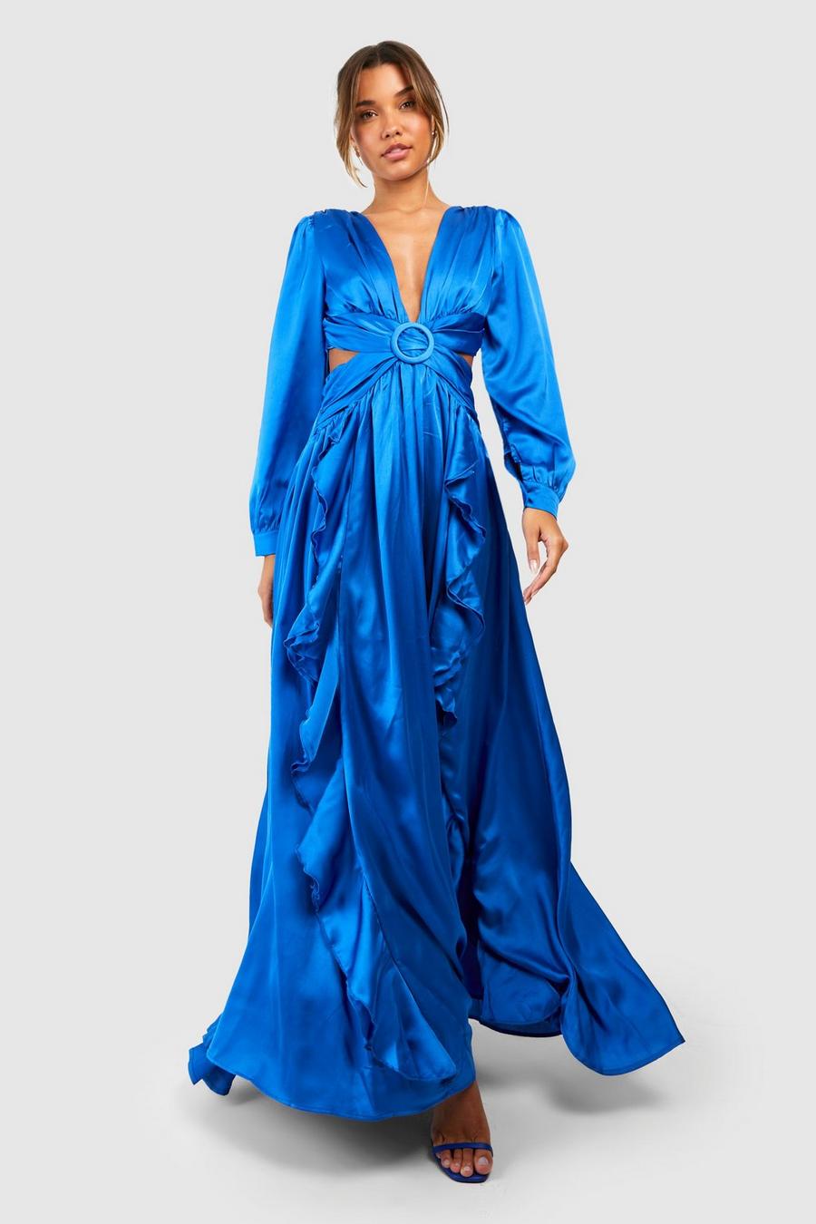 Cobalt Satin Ruffle Plunge Maxi Dress