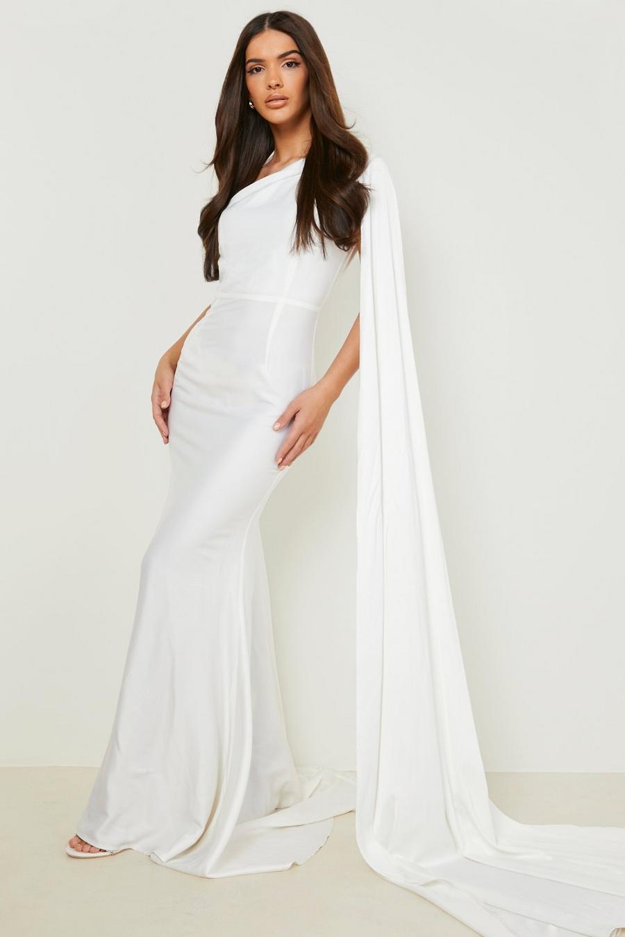 Vestito maxi stile sirena asimmetrico in raso con drappeggio, White