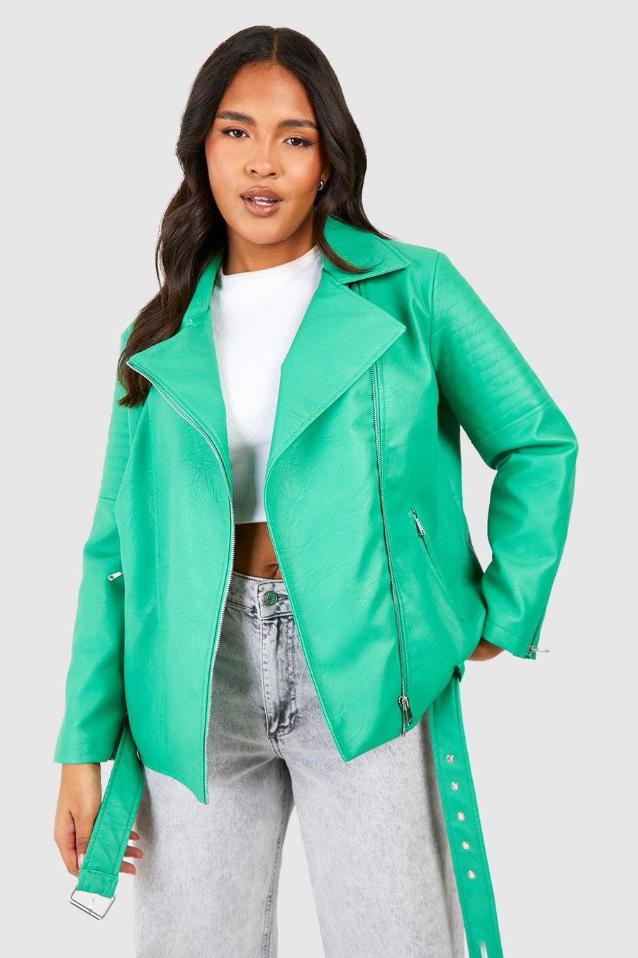 Green Plus Belted Faux Leather Pu Moto Jacket