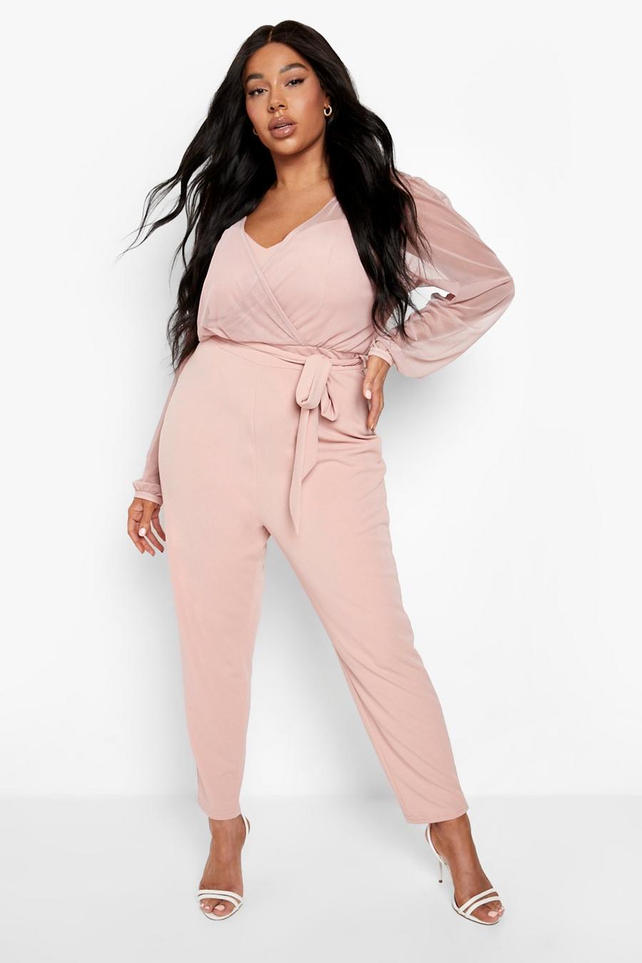 Rose pink Plus Mesh 2 In 1 Belted Jumpsuit 