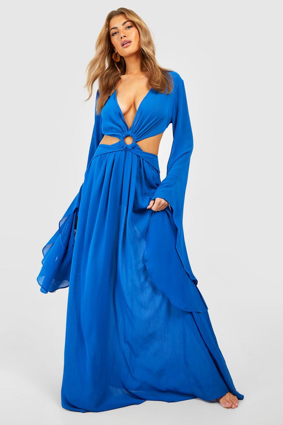 Vestido maxi Premium para la playa con anillo y volante en las mangas, Ocean blue