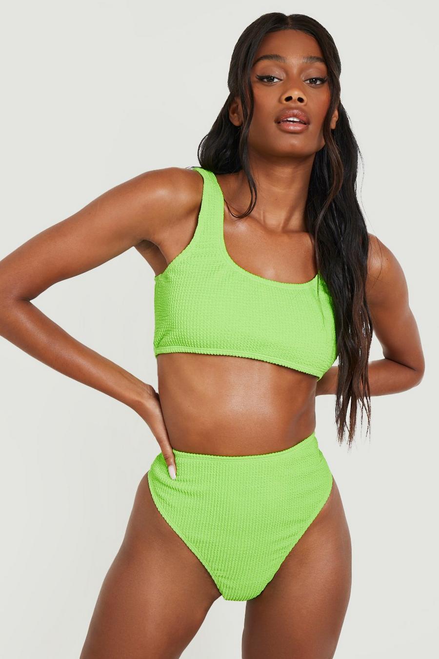 Bas de maillot de bain texturé à taille haute, Lime