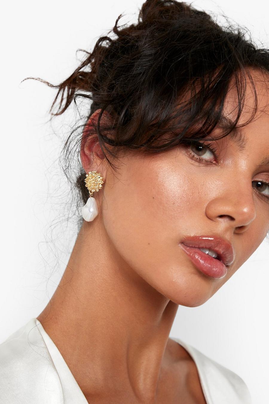 Gold Pearl Drop Stone Earrings 