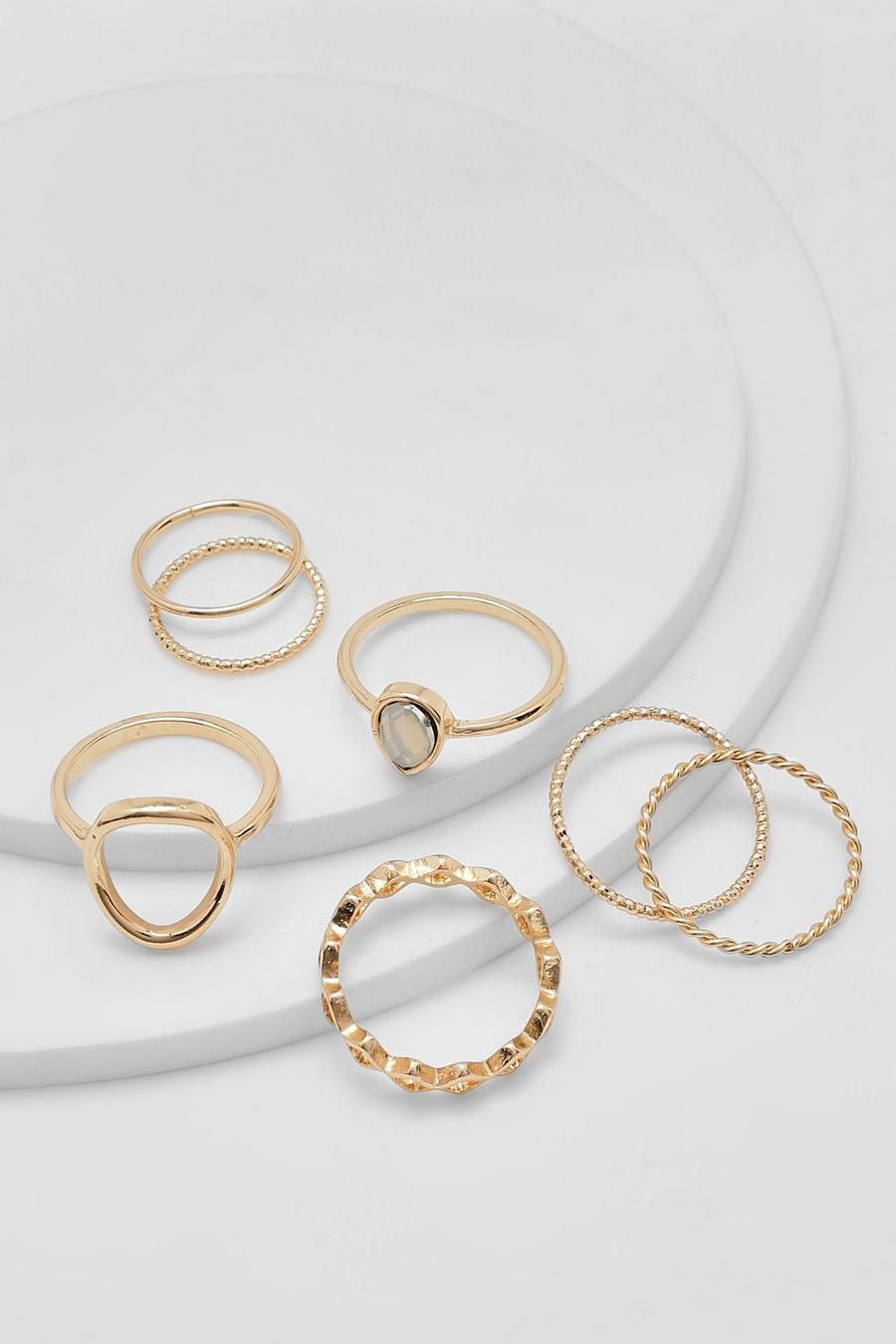 Pack de 7 anillos dorados variados con formas distintas, Gold