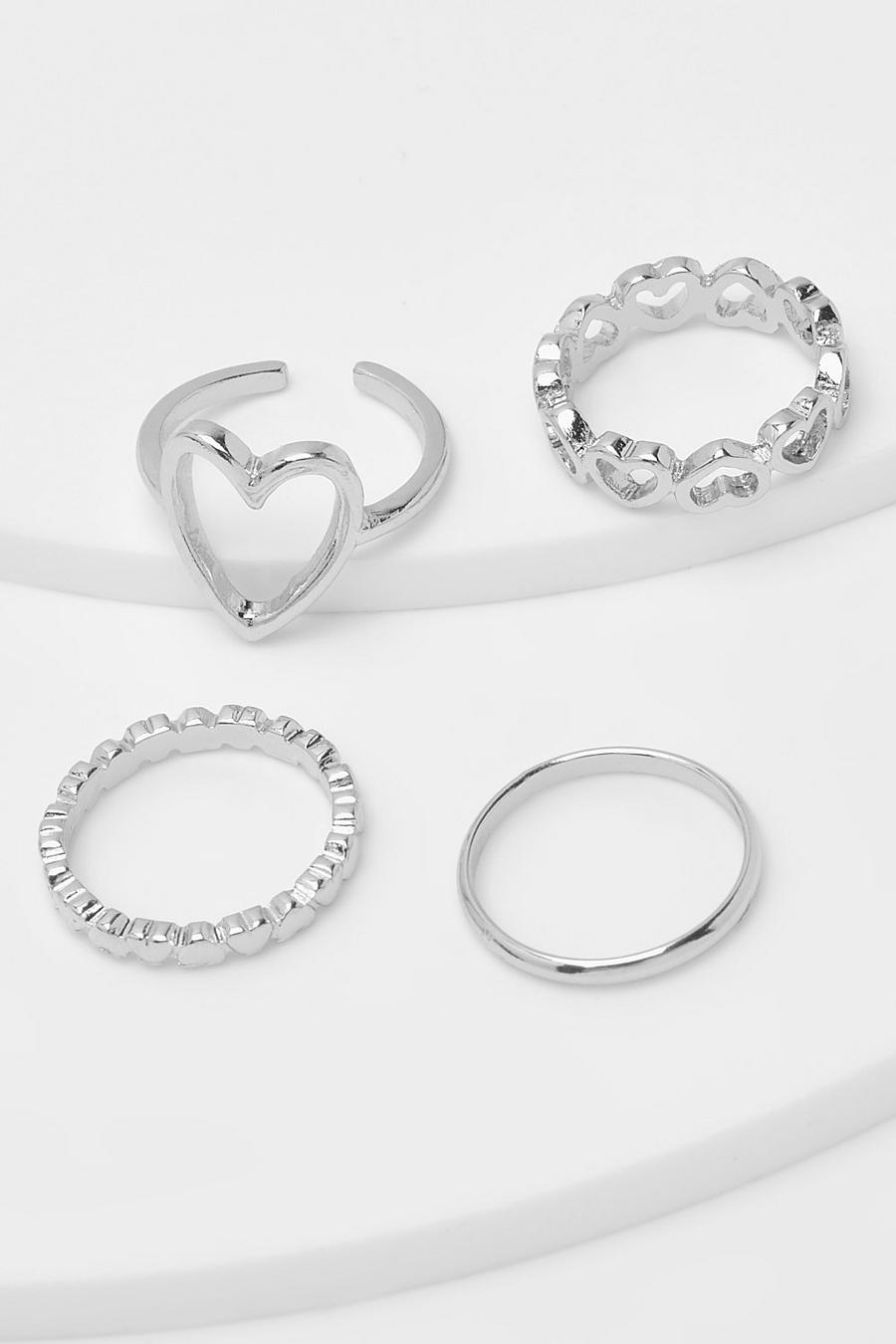 Pack de 3 anillos variados plateados con corazones, Silver image number 1