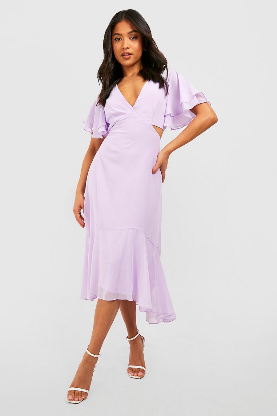 Lilac Petite V Neck Angel Sleeve Midi Dress