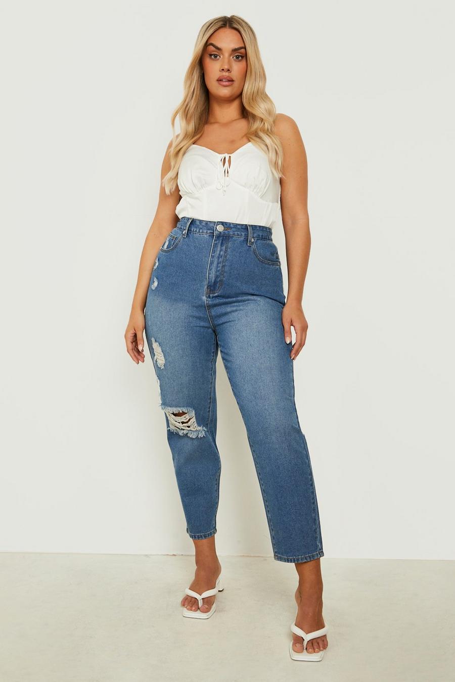 Stonewash Plus High Waisted Rip Knee Cropped Jeans