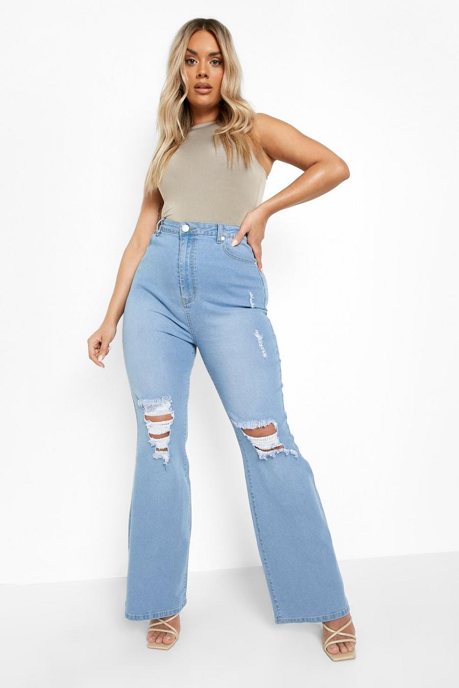 Stonewash Plus High Waisted Split Detail out Jeans