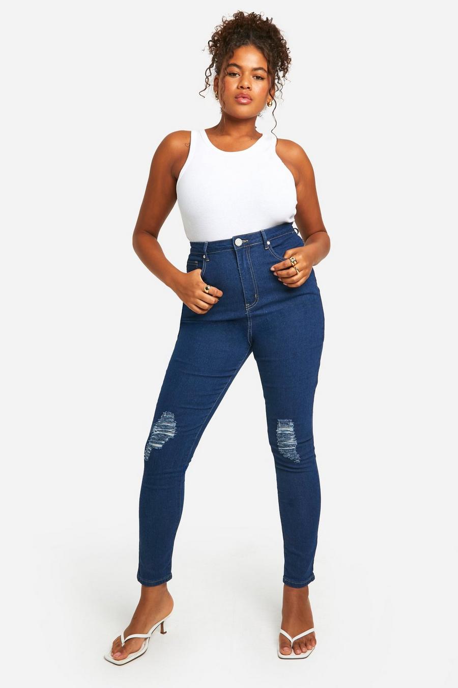 Jeans Plus Size Skinny Fit a vita alta effetto smagliato, Mid blue