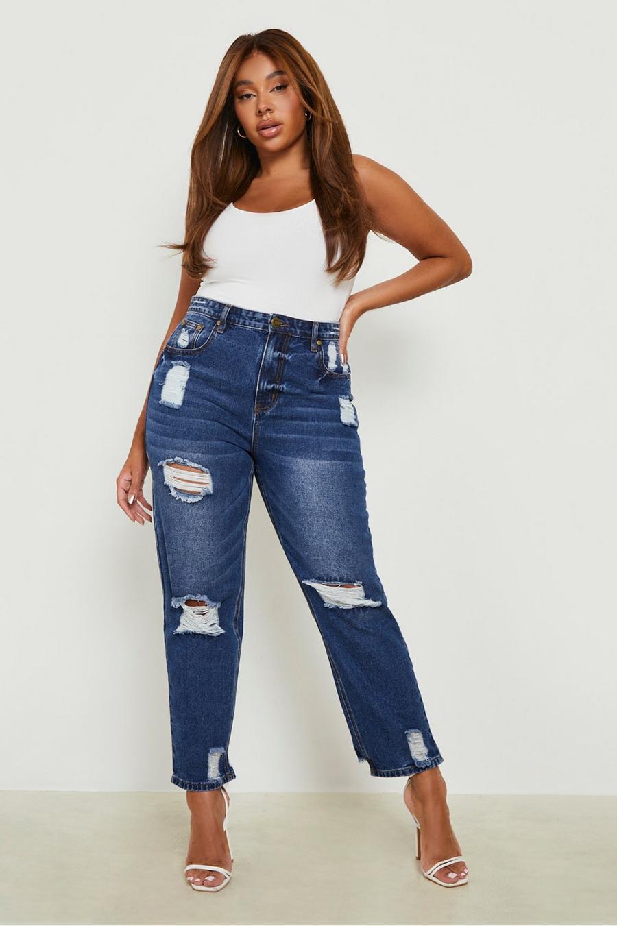 Jeans Mom Plus Size a vita alta effetto smagliato, Dark wash