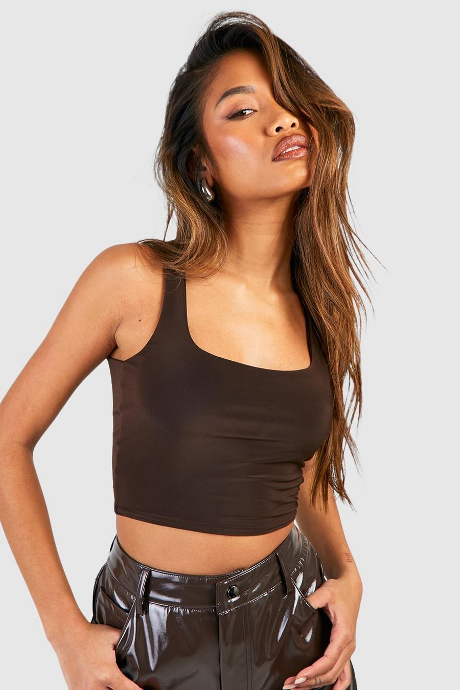 Chocolate Double Layer Scoop Neck Strappy Crop Top 