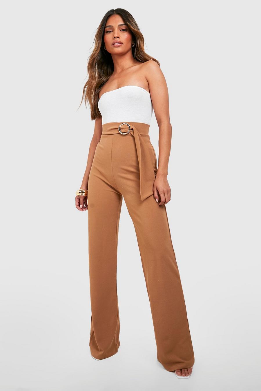 Camel O Ring Belted Straight Leg Crepe Pants
