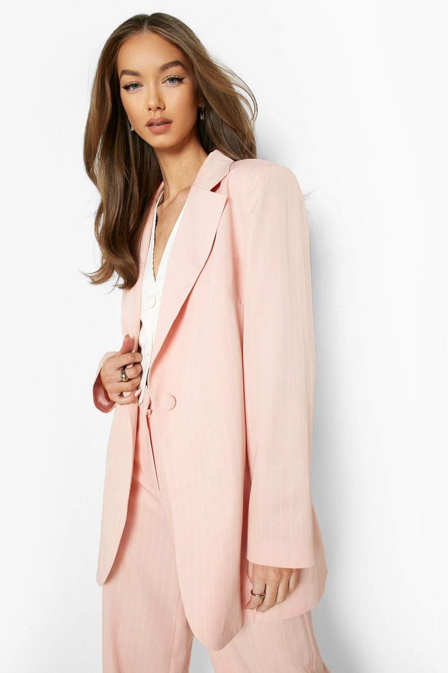 Blazer long oversize à rayures, Nude