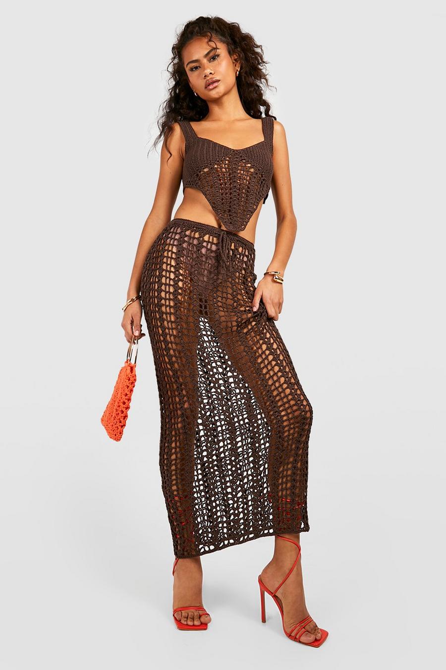 Chocolate Premium Crochet Lace Back Corset And Maxi Skirt Set