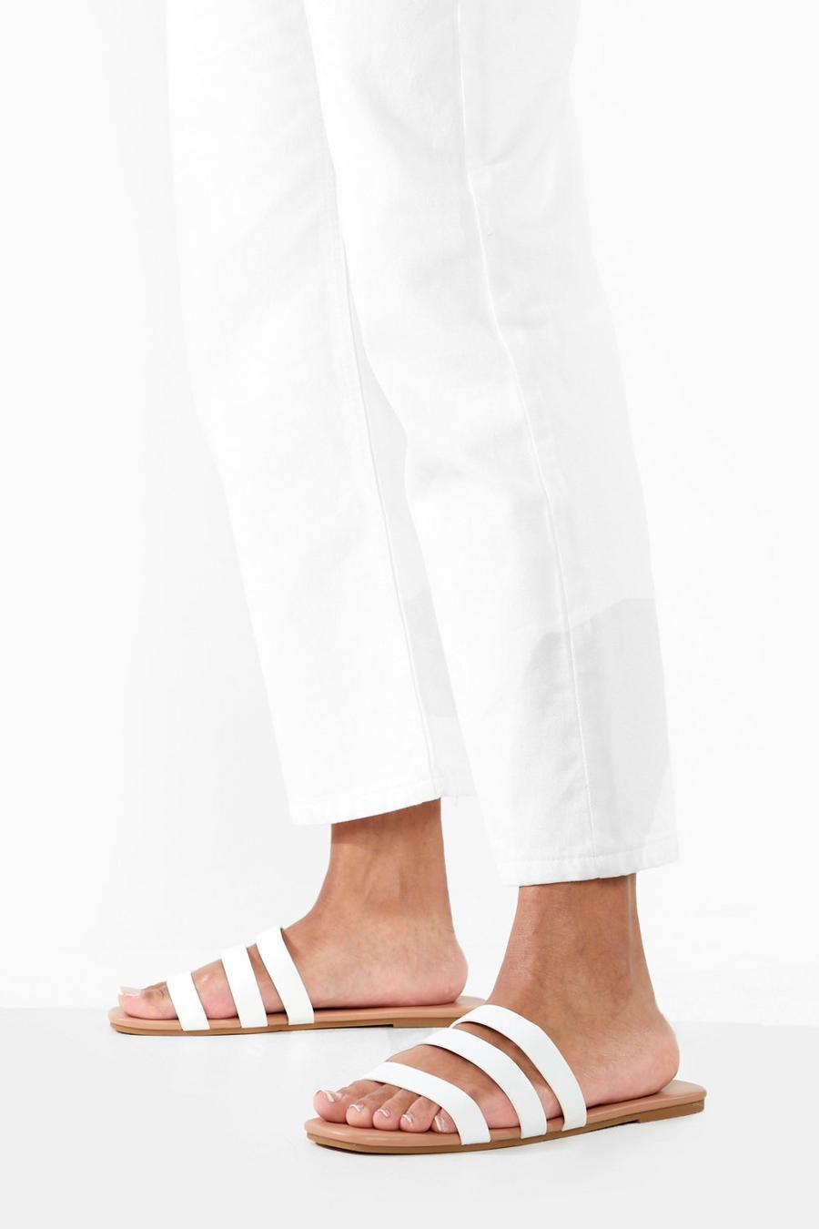 White Wide Width Multi Strap Flat Sandal