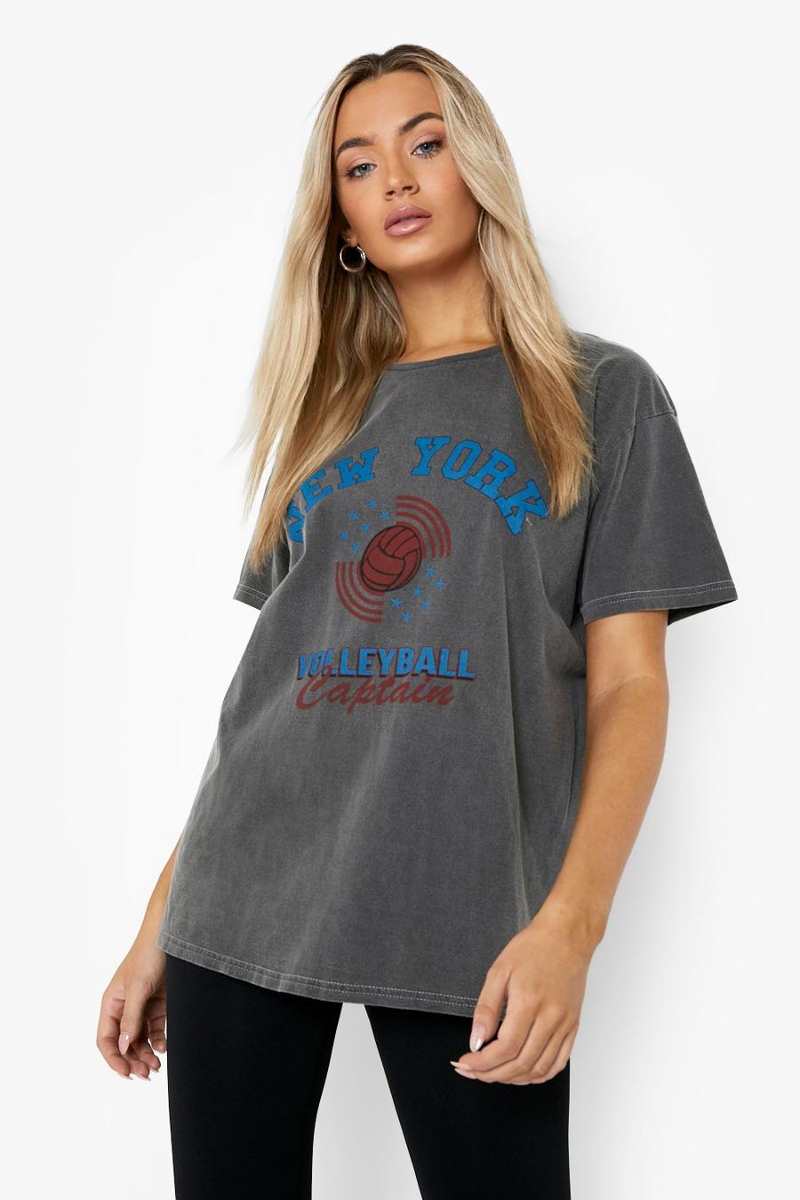 Charcoal grey New York Printed Washed Oversized T-shirt