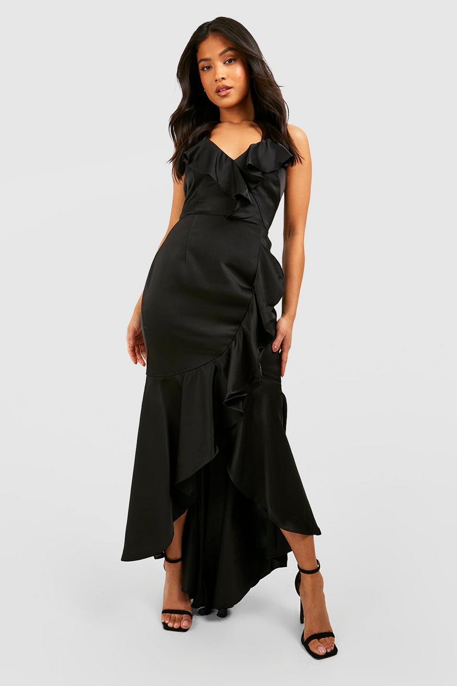 Black Petite Premium Satin Ruffle Detail Maxi Dress