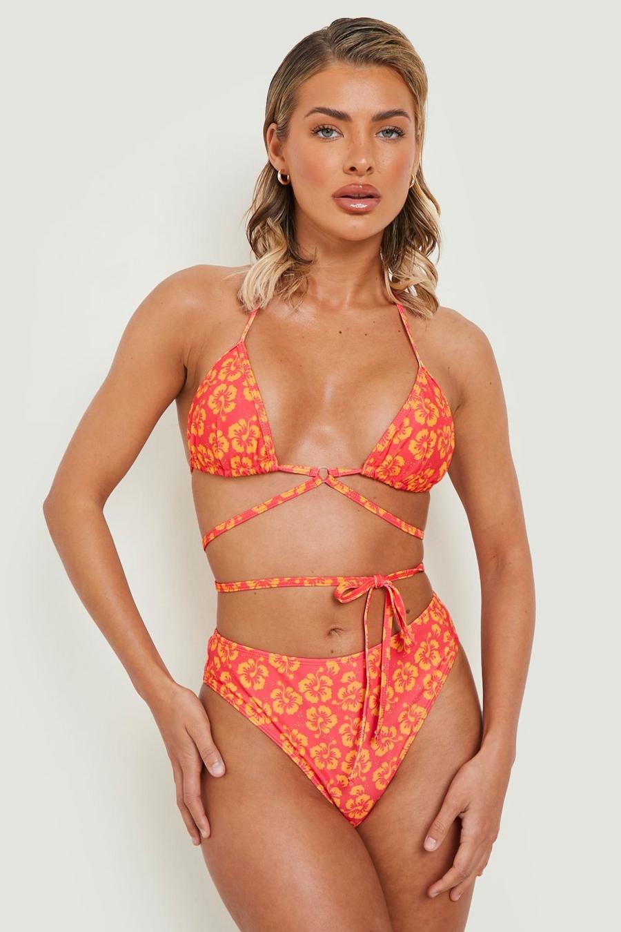 Bas de maillot de bain taille haute à imprimé fleuri, Tropical orange