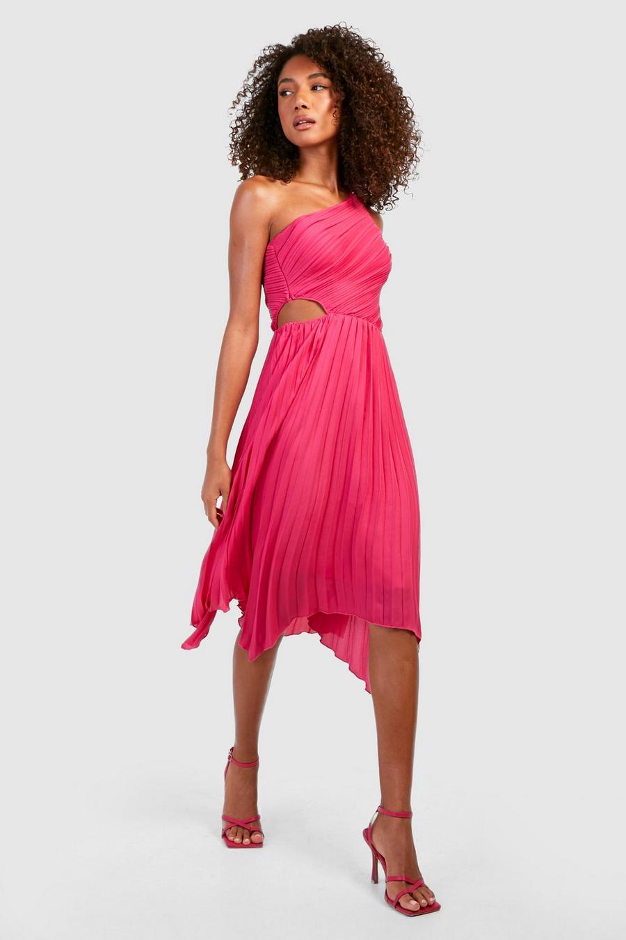 Berry Tall One Shoulder Pleated Midi Dress