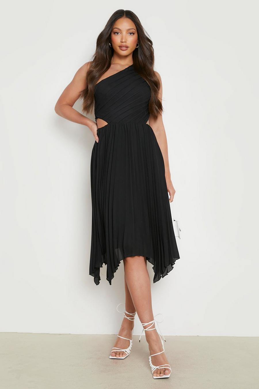 Black Tall One Shoulder Pleated Midi Dress