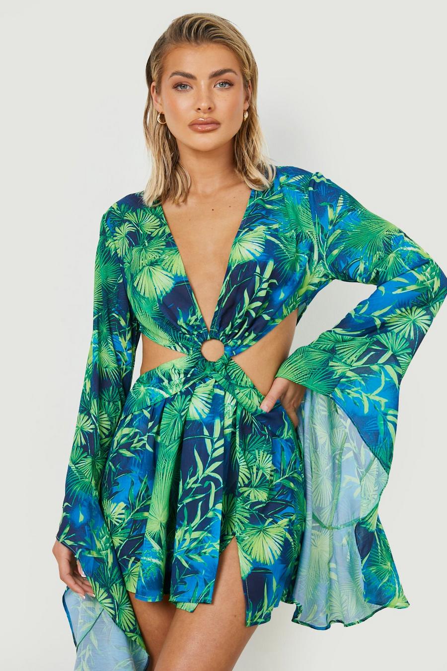 Robe courte en tissu premium à imprimé tropical, Green