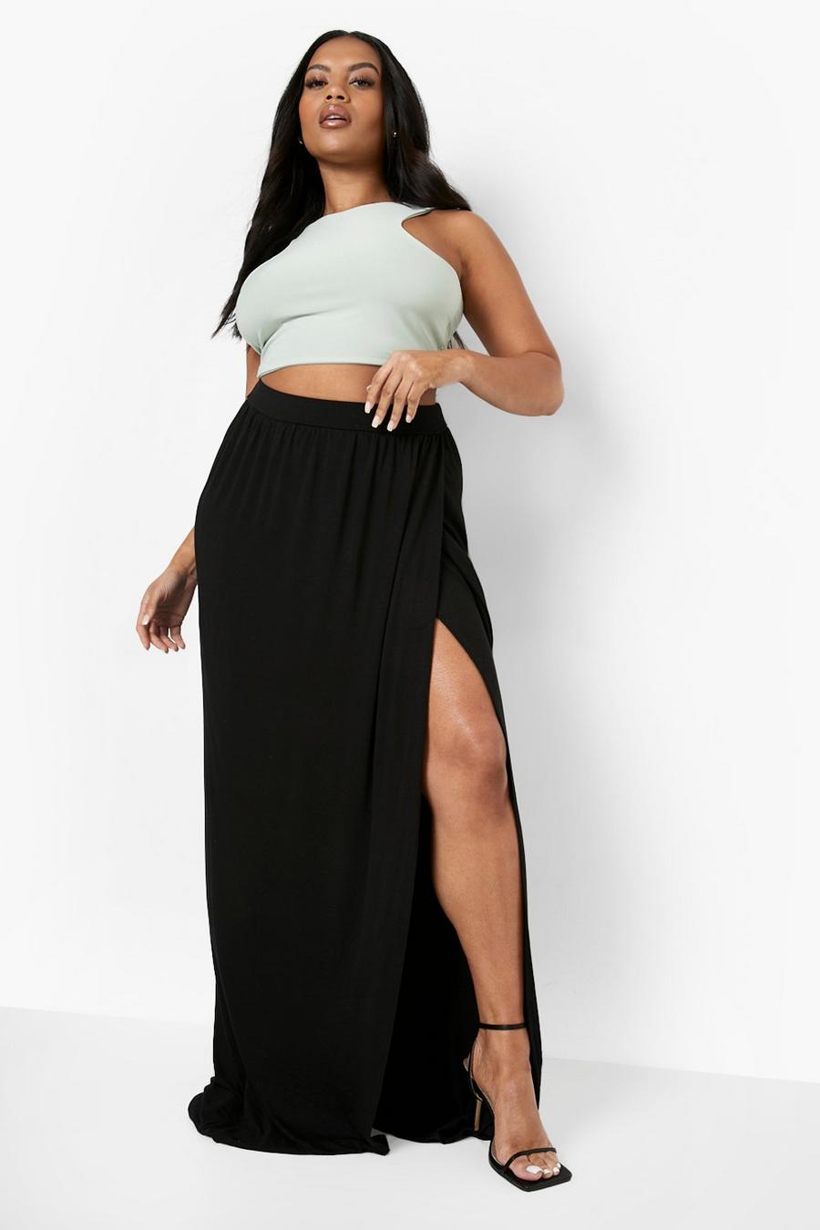 Black Plus Jersey Knit Wrap Maxi Skirt