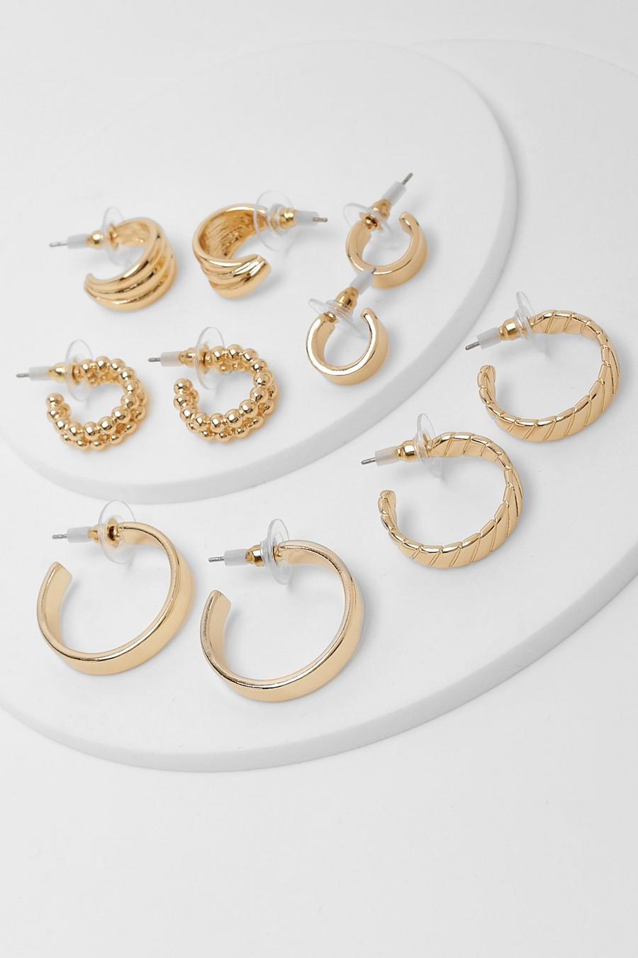 Gold Mixed Textured 5 Pack Hoop Earrings Set image number 1