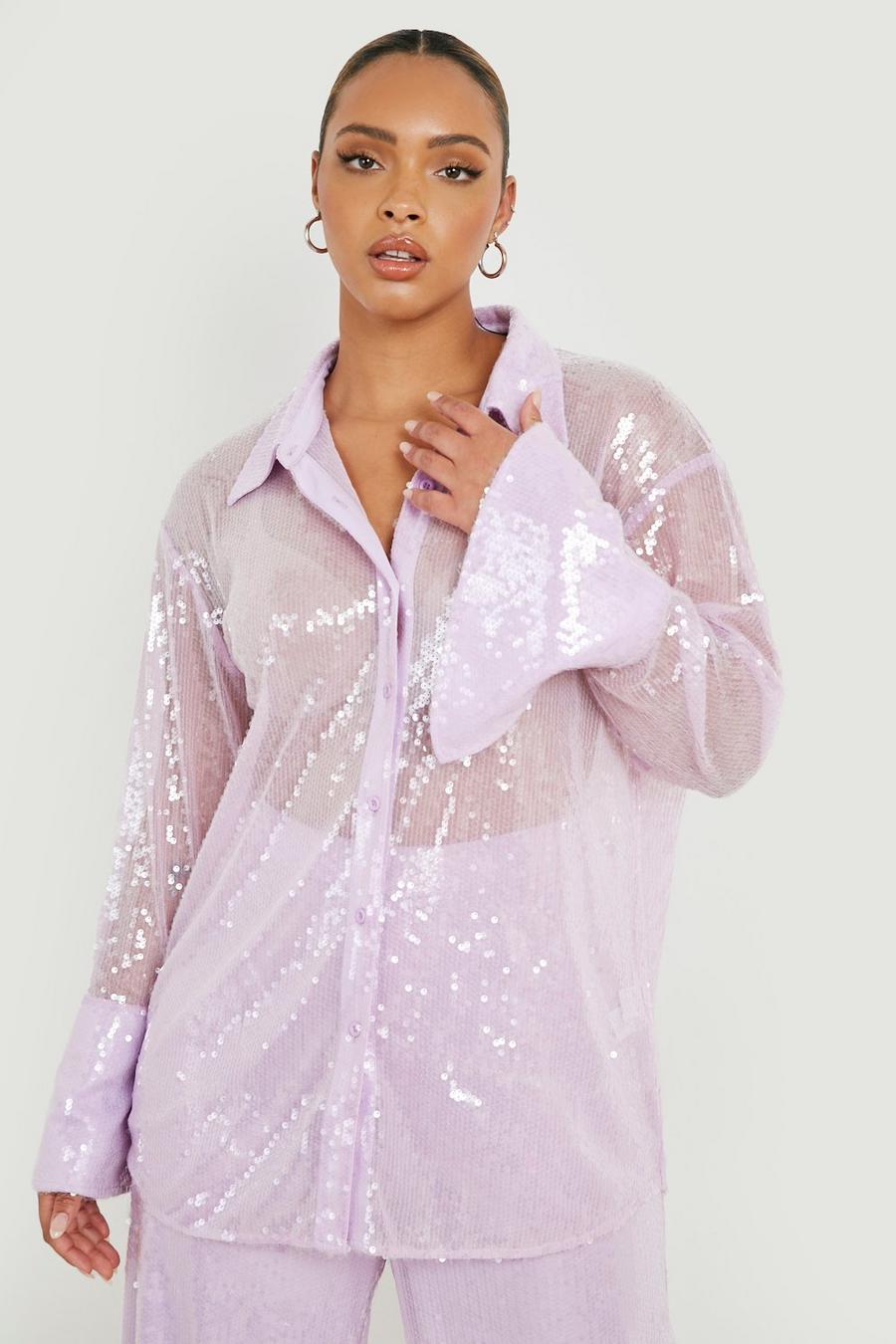 Camicia Plus Size con paillettes e polsini ampi, Lilac