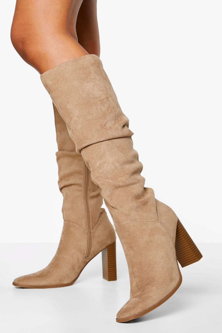 Taupe Ruched Block Heel Knee High Boot
