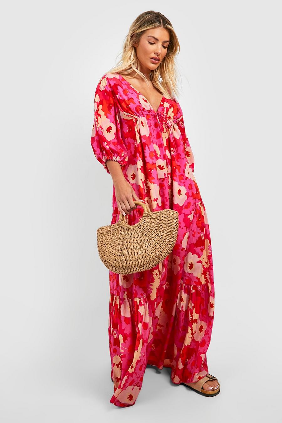 Pink Woven Floral Print Puff Sleeve Maxi Dress