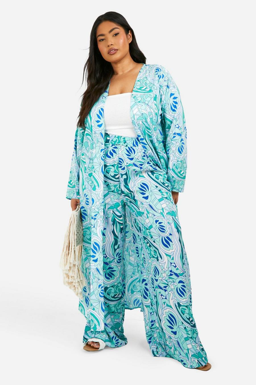 Blue Plus Paisley Print Long Line Kimono