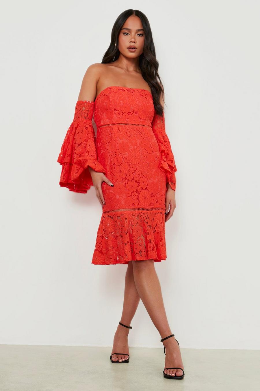 Red orange Petite Lace Crochet Trim Bardot Midi Dress
