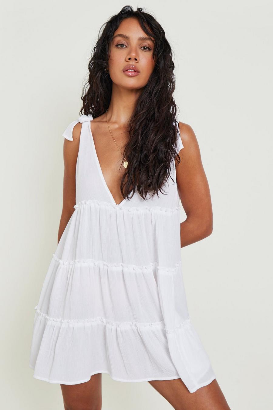 White Crinkle Tie Shoulder Beach Dress
