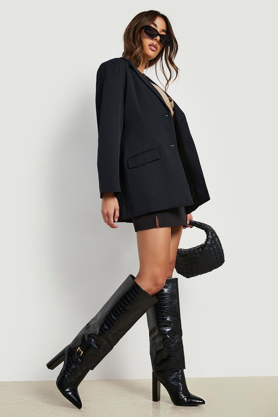 Black croc Fold Over Buckle Detail Pointed Knee High Boots