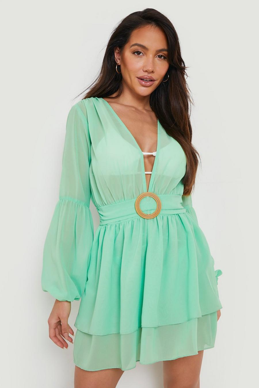 Bright green Ring Belt Plunge Beach Dress