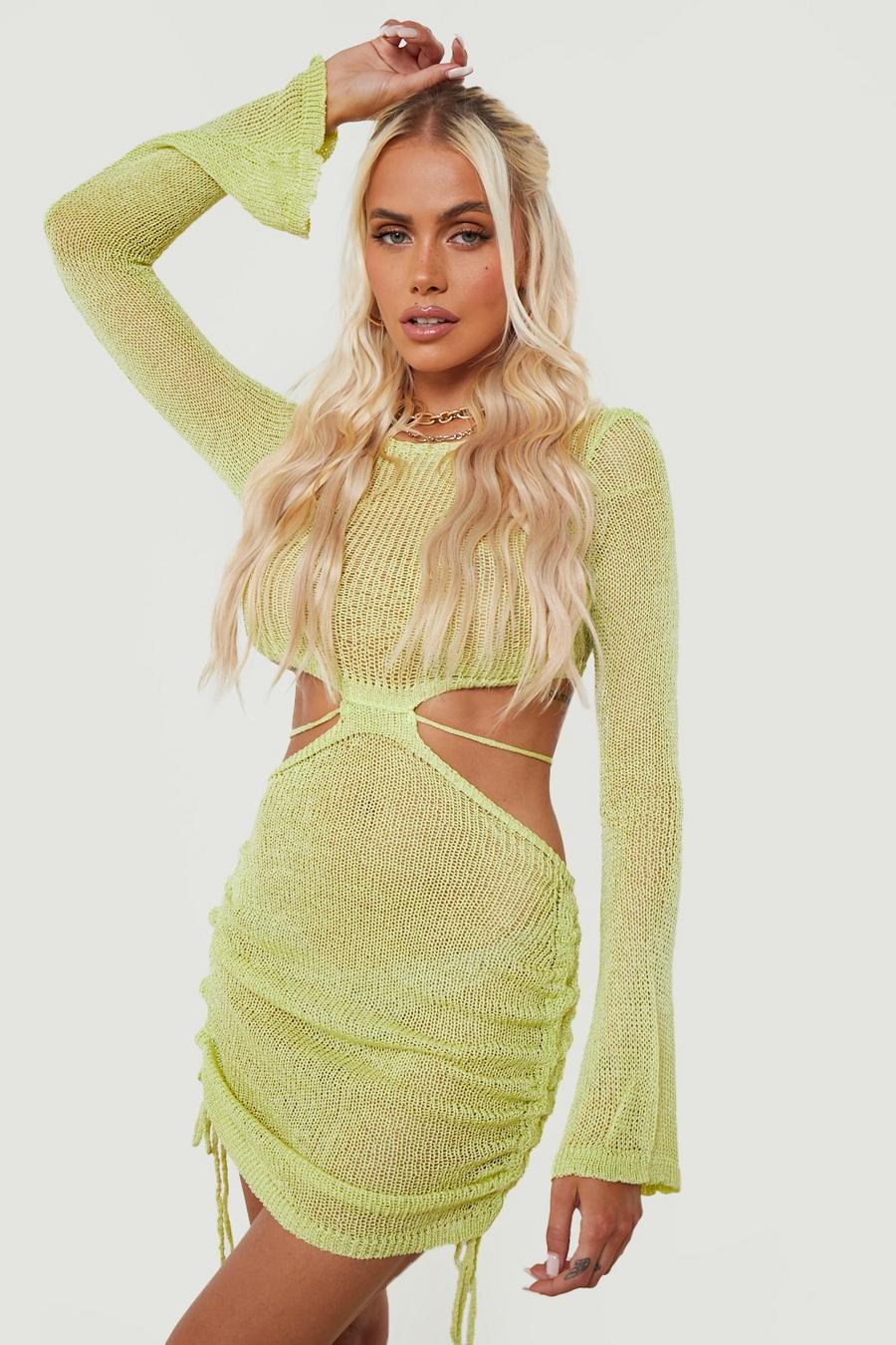 Lime Cut Out Ruched Detail Knitted Beach Dress image number 1