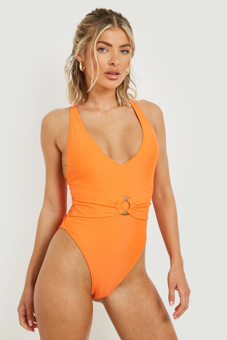 Orange Wooden O-Ring Belted Swimsuit