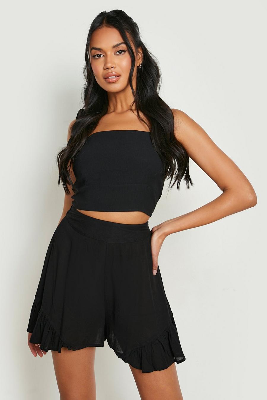 Black Cheesecloth Frill Detail Short