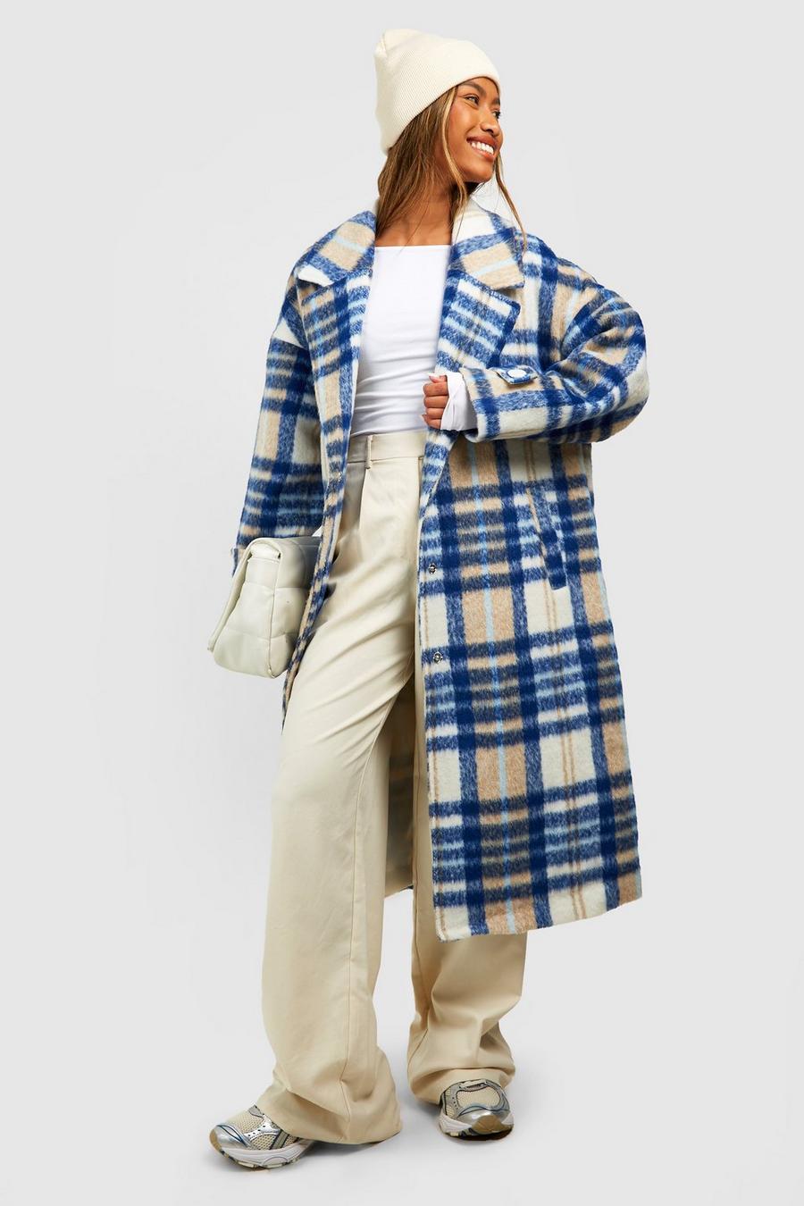Abrigo oversize efecto lana con estampado de cuadros, Blue