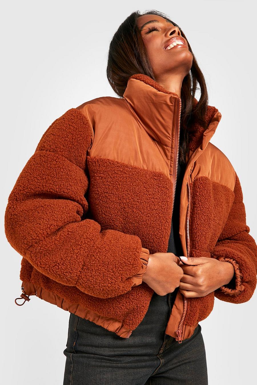 Chocolate Teddy Faux Fur Panelled Puffer Jacket image number 1
