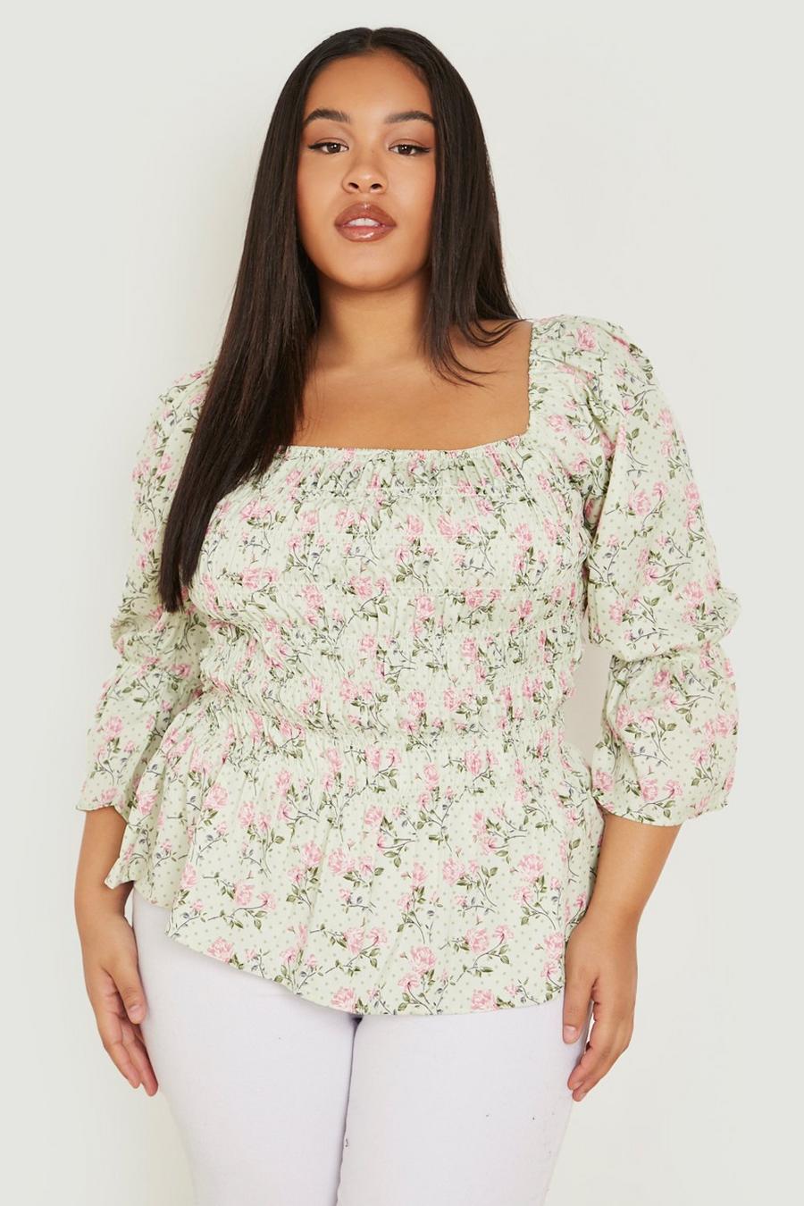 Sage green Plus Ditsy Spot Floral Shirred Frill Blouse