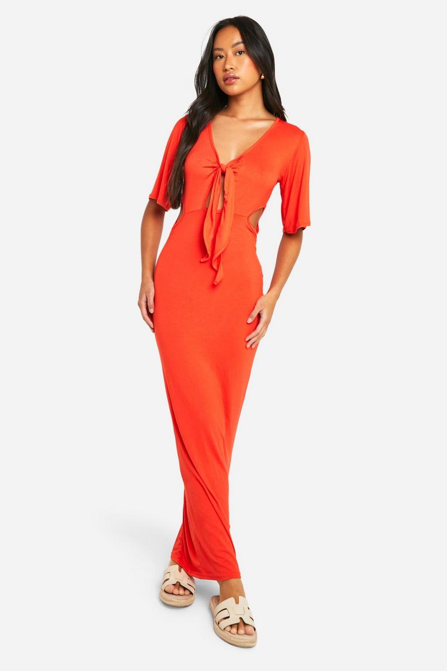 Orange Cut Out Tie Front Maxi Dress