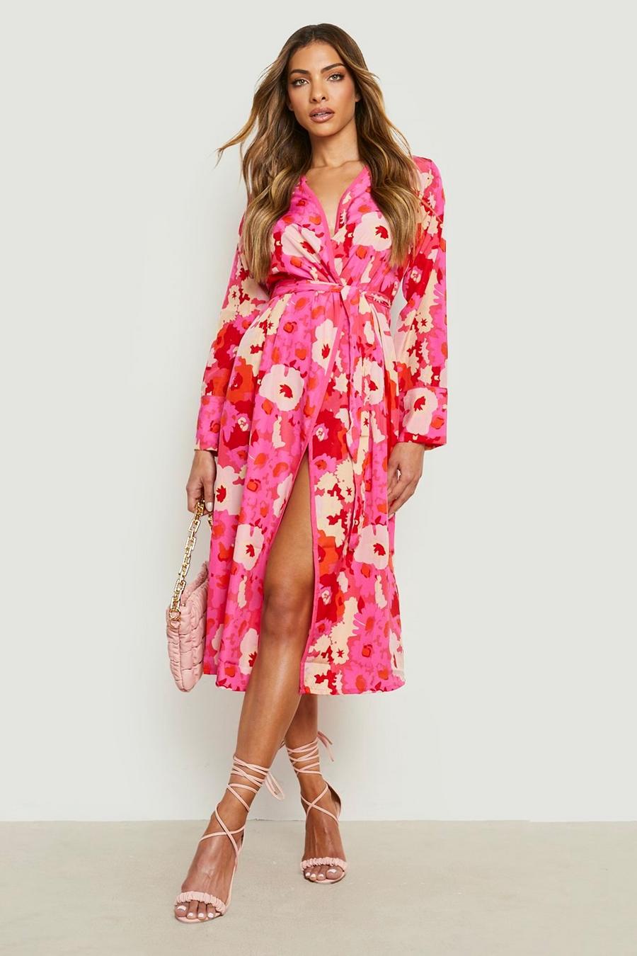 Kimono a fiori in colori accesi con cintura, Pink