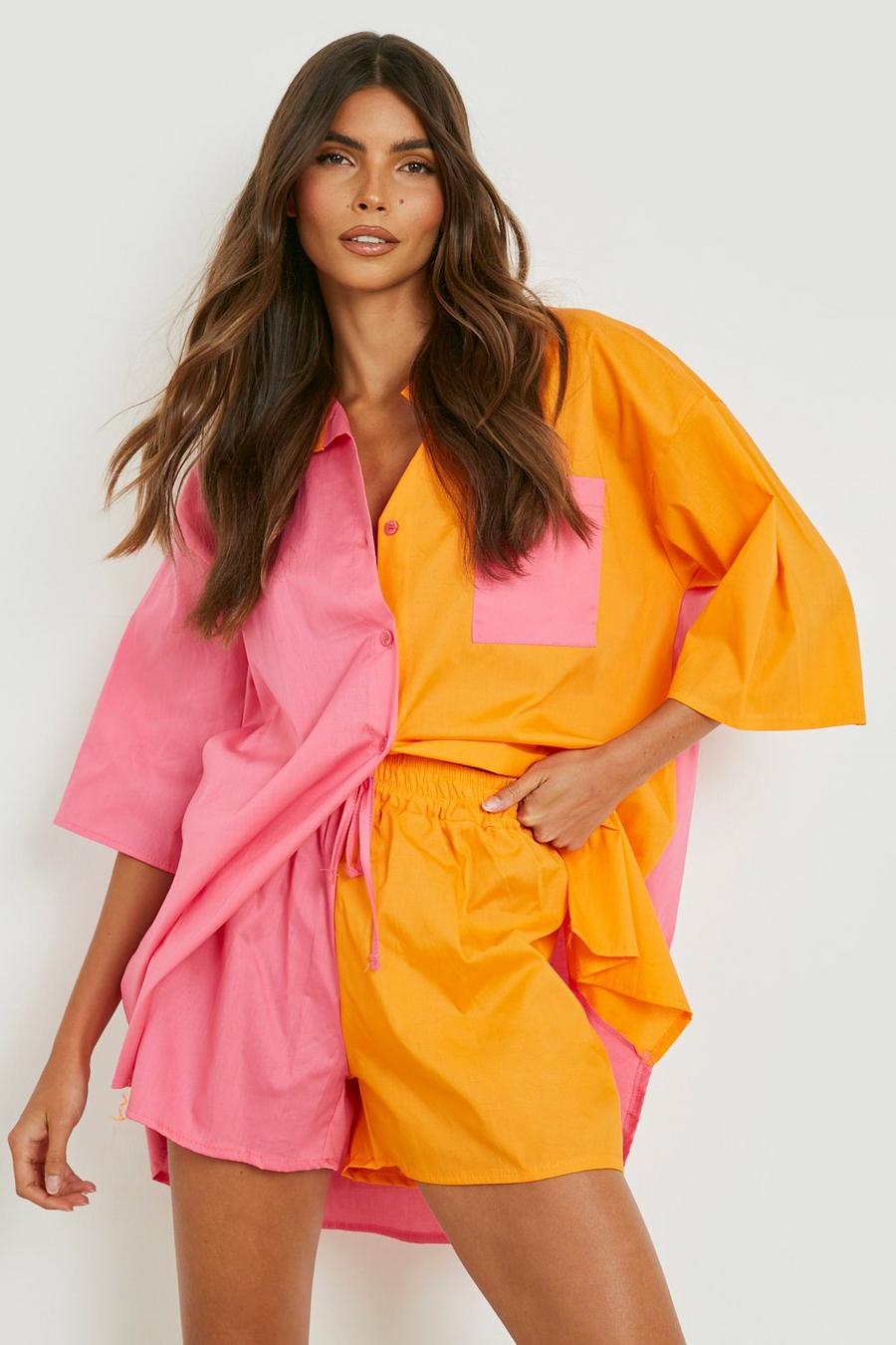 Oversize Hemd & Shorts aus Baumwolle , Hot pink image number 1