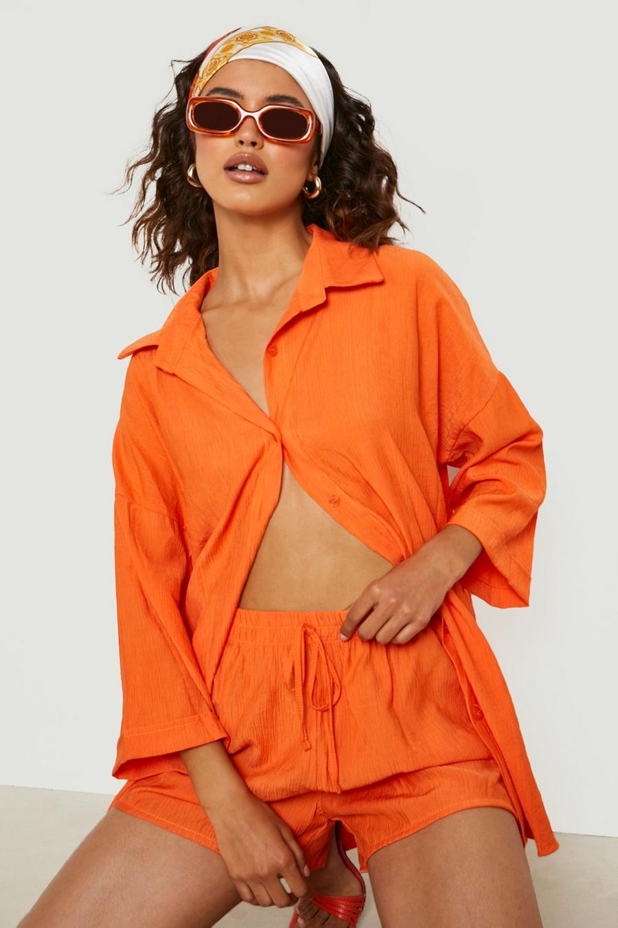 Orange Oversized Gekreukeld Overhemd Met Textuur En Shorts Set
