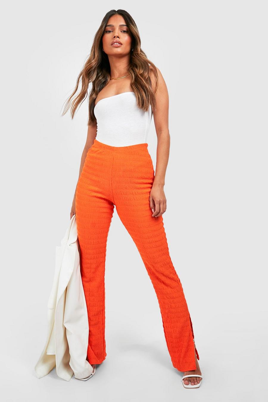 Pantalon droit effet plissé fendu, Orange