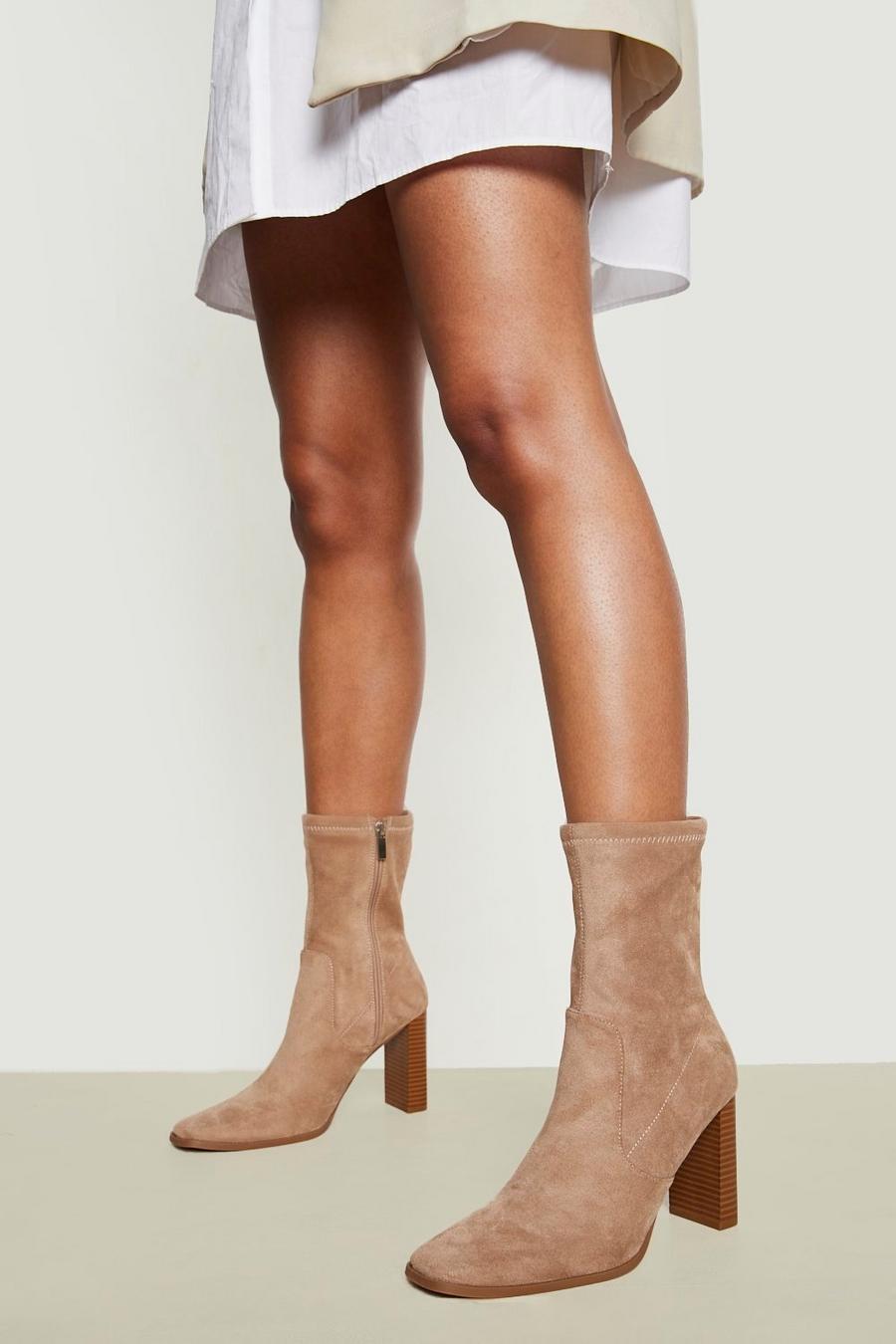 Taupe Square Toe Heeled Sock Boots