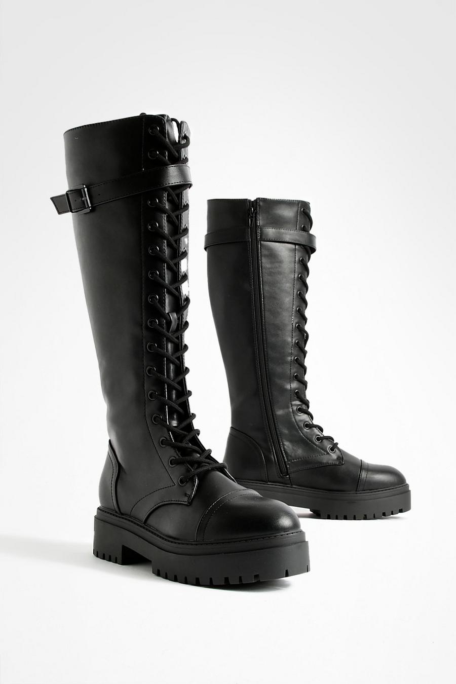 Black Side Buckle Knee High Combat Boots