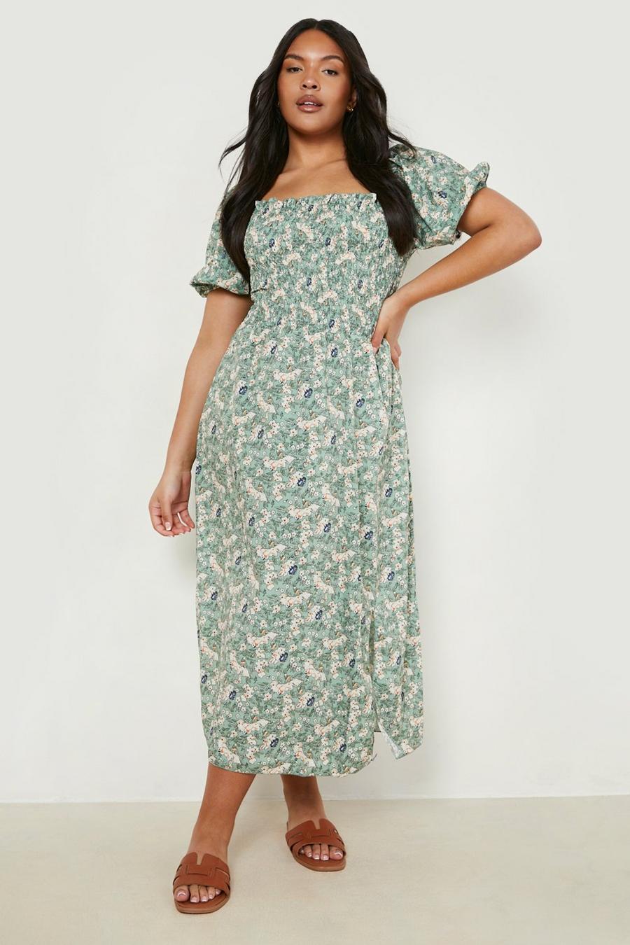 Green Plus Ditsy Floral Shirred Midaxi Dress